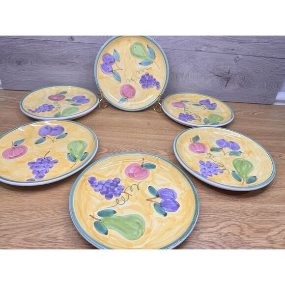 Vintage Caleca Italian Pottery Salad Plate Fruit Handpainted 8 1/4” ~Set Of 6 - Picture 1 of 6
